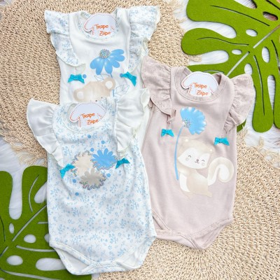 Kit 3 Peças - Bodys Manga Curta Esquilo Flores com Paetê - Off White e Areia